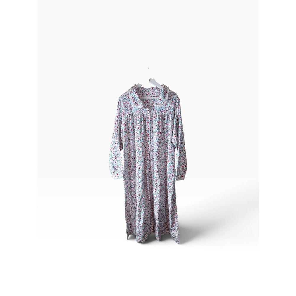 Lanz of Salzburg Cardinal Floral Flannel Nightgown XL White Cotton Lace Trim